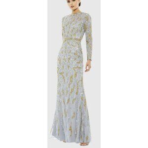 Mac Duggal $598 Formal Gown Gray Sequins Beaded Maxi Dress Long Sleeve NWT